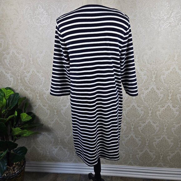Talbots Petite Size Large Blue White Striped Shift Dress 3/4 Sleeve Embroidery - Picture 6 of 10